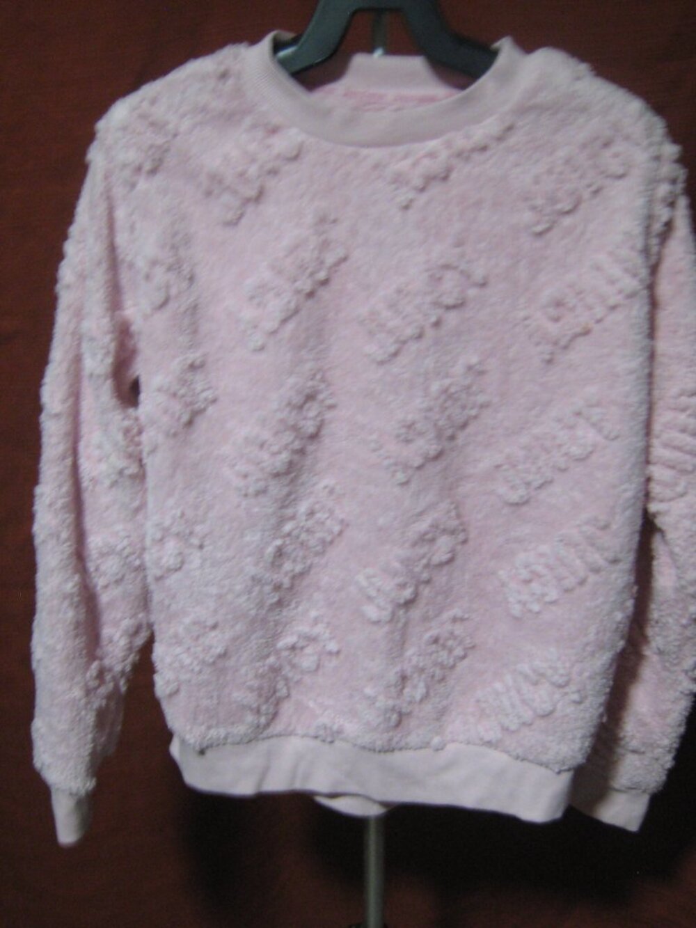 Juicy Couture Pink All Over Embossed Gothic Logo Sherpa Crewneck Sweatshirt